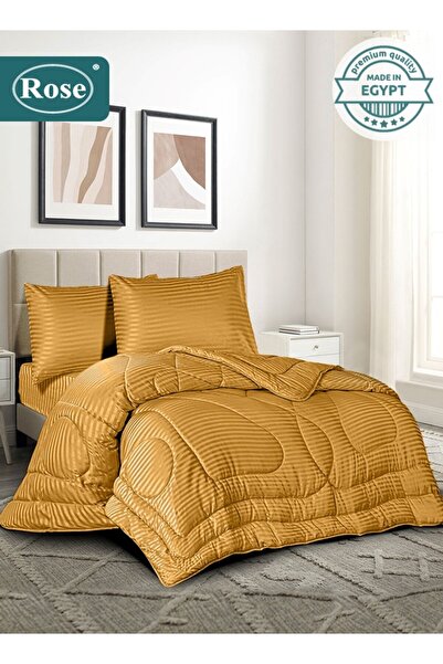 Rose طقم لحاف فندقي مخطط من الألياف الدقيقة، 4 قطع، يناسب سريرًا مفرد مقاس 12...