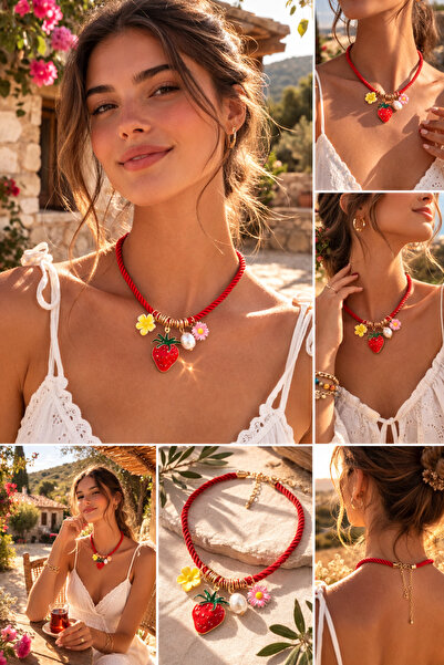 Mope Accessories Çilek Figürlü Kırmızı Halat Kolye