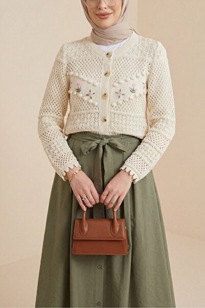 Modamorfo Buttoned Front Embroidered Lace-Like Knit Knitwear Cardigan - Cream