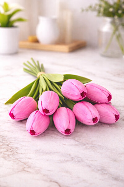 ALSHOP Sararmaz Yapay Lüks Islak Dokulu Eva 8'li Lale Buketi