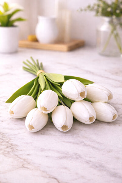 ALSHOP Sararmaz Yapay Lüks Islak Dokulu Eva 8'li Lale Buketi