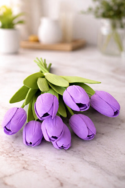 ALSHOP Sararmaz Yapay Lüks Islak Dokulu Eva 8'li Lale Buketi