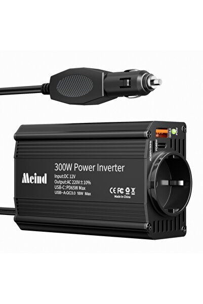 Choice محول طاقة سيارة Meind أسود اللون بقدرة 300 واط مع مقبس أوروبي، شاحن سي...