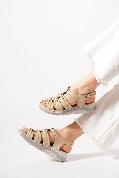 Moda Pie لوريس ثلاثة نطاقات بثنيات جلد أصلي أنثى صندل بشرة بيج