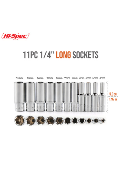 Choice 11pc long 1/4" Drive Sket Set 6 Point Short/Long Deep Skets CRV Sket W...