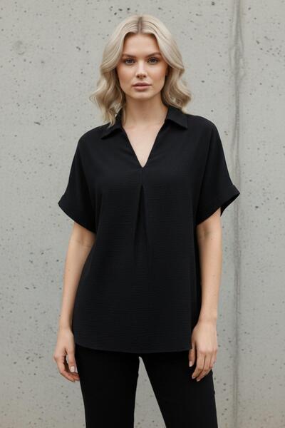 Mossta بلوزة بأكمام قصيرة منسوج فيسكوز - أسود