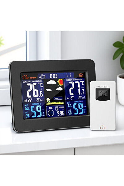 Choice محطة طقس لاسلكية سوداء، شاشة عرض رقمية ملونة للتنبؤات الجوية، ترمومتر ...