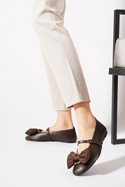 Moda Pie Monesa cu fundă frontală cu eșarfă pentru femei balerini piele maro