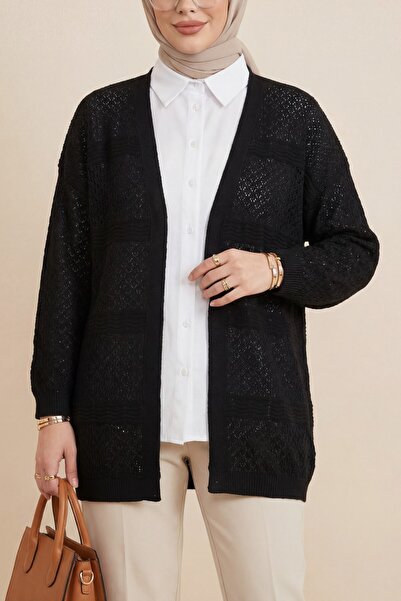 Modamorfo Lace-Like Knit wave Patterned knitted cardigan - black