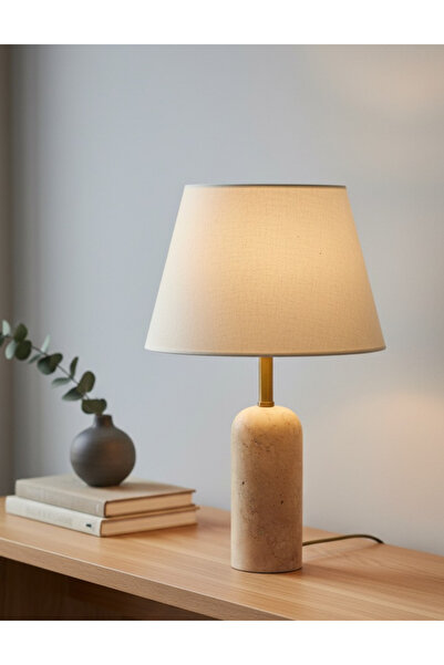 moontime alaçatı Şık Kumaş Şapkalı Traverten Abajur, Evinize Zarif Dokunuş