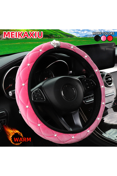 choice2 Pink Winter Short Fur Velvet Steering Wheel Cover Diamond-Encrusted C...