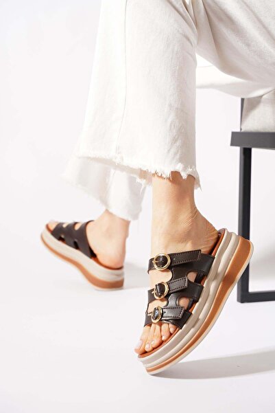 Moda Pie حذاء ريسن ثري بانت بإبزيم نسائي بنعل سميك شبشب بني