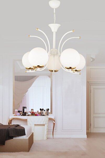 moontime alaçatı Modern Beyaz Camlı 5'li Avize, Şık ve Şık Tasarım