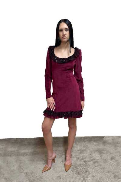 Bordo Payet Detaylı Mini Elbise