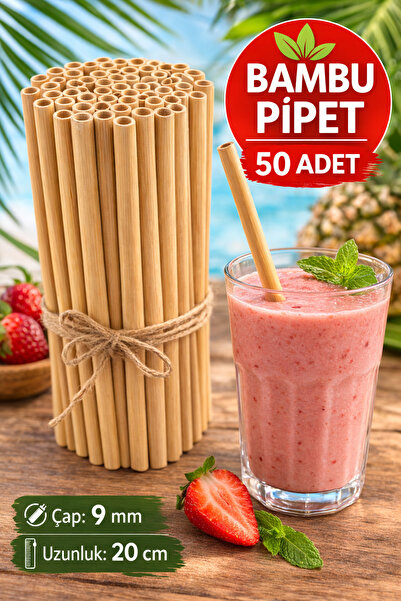 TOYFEST 50 Adet Bambu Pipet 9mm x 20cm Kalın Smoothie Pipeti Doğal Çevre Dostu