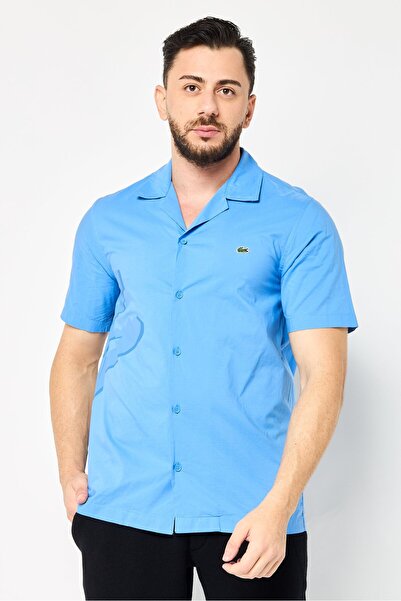 Lacoste Men Regular Fit Short Sleeve Embroidered Logo Casual Shirt, Blue