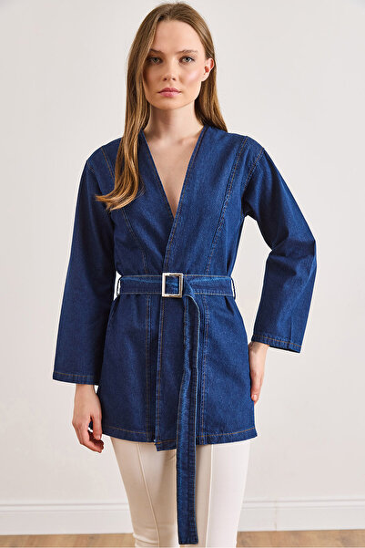 Olalook Women's Dark Blue Belted Jacket Transitional Denim Ckt-19000515
