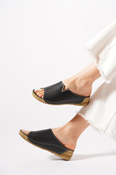 Moda Pie ديستن يان بإبزيم فلات فايس جلد أصلي نسائي شبشب أسود