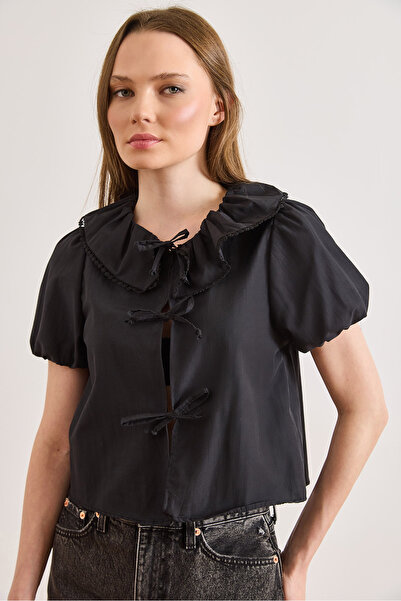 Olalook Kadın Siyah Boho Dantel Garnili Fiyonk Kapama Bluz BLZ-19003261