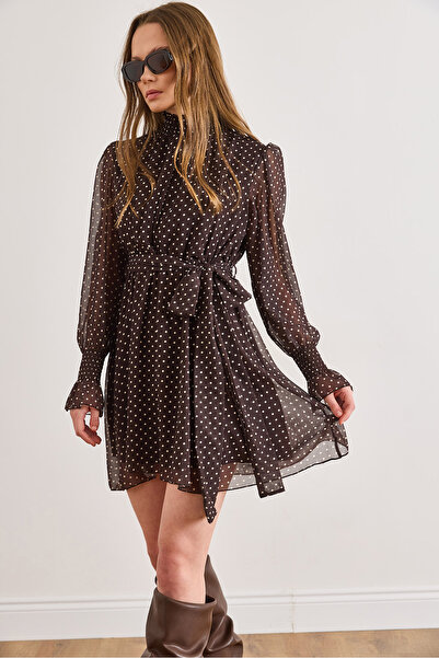 Olalook Women's Brown Polka Dot Lined Belted Mini Chiffon Dress Elb-19002599