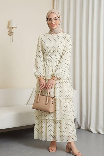 Modamorfo Çapraz Bağlamalı Eteği Kat Kat Puantiyeli Şifon Elbise -Krem