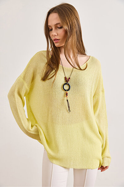 Olalook Women's Yellow Boat Neck Mercerized Collared Drapey Knitwear Blouse B...