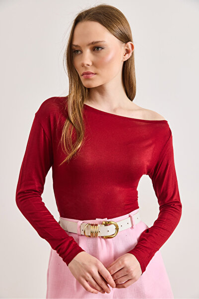 Olalook Women's Burgundy Boat Neck Sheer Blouse Blz-19003257