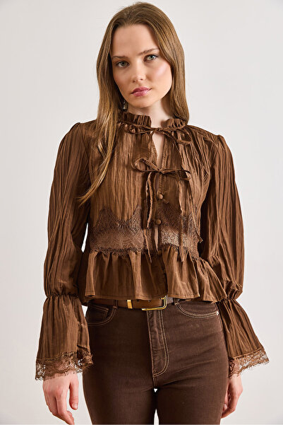 Olalook Women's Brown Lace Detailed Textured Boho Blouse Blz-19003243