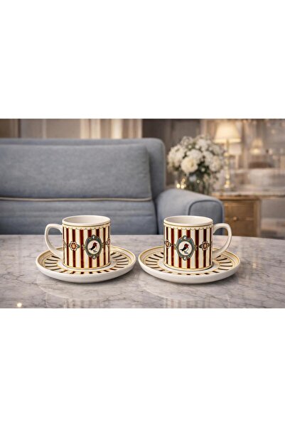 TEDİKS Vintage Çizgili Kuş Desenli 2'li Kahve Fincanı Seti – Şık Tabaklı Finc...