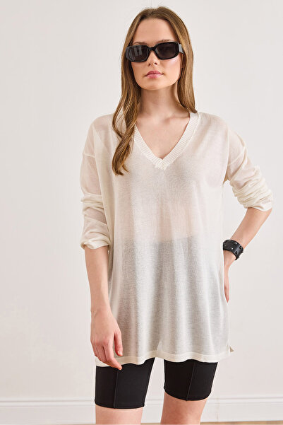 Olalook Women's White V-Neck Loose Fit Sheer Knitwear Blouse Blz-19003255