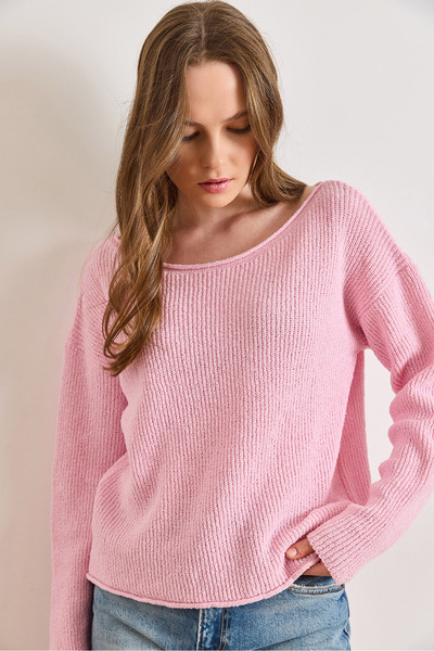 Olalook Women's Pink Boat Neck Transitional Knitwear Blouse Blz-19003252