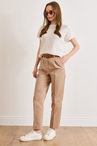 Olalook Γυναικείο Μπεζ Παντελόνι Καρότο Ζώνη τεμαχίων Με τσέπες Γκαμπαρντίνα ...