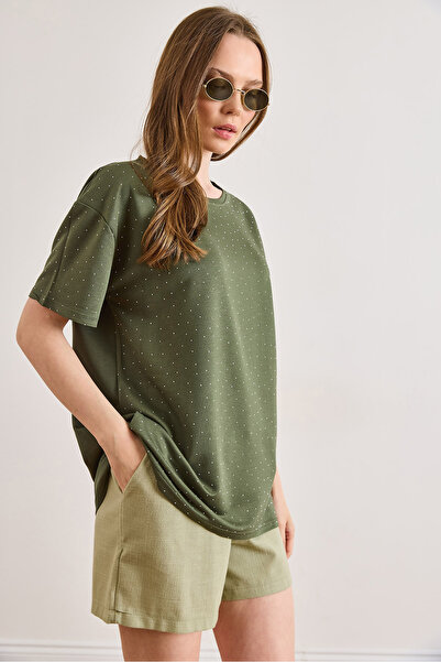 Olalook Women's Khaki Crew Neck Sequined Drapey T-Shirt Tsh-19000951