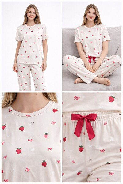 moda paketi Çilek Patterned Women's Viscose Pajama Set - Short Sleeve Top Lon...