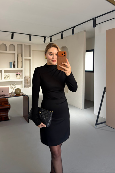 Sezgi Tekin Drape Detail Shoulder Padded Shoulders Black Dress