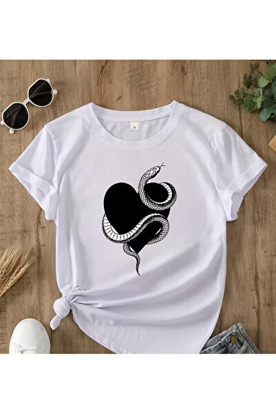 ZEMLİYA Unisex Μπλουζάκι  "Καρδιά και Φίδι " με τύπωμα - Μοντέρνο Στυλ