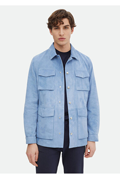 Ramsey Light Blue Regular Fit Shirt Collar Casual Suede Leather Coat