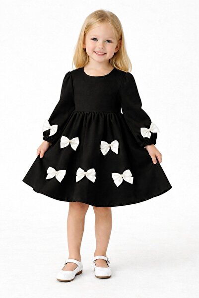 zepkids Φόρεμα για κορίτσια με λαιμόκοψη πετσετέ και φιόγκο σε μαύρο χρώμα
