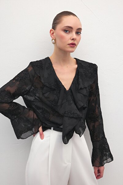 Sateen Ruffle Detail Embroidered Shirt - Black