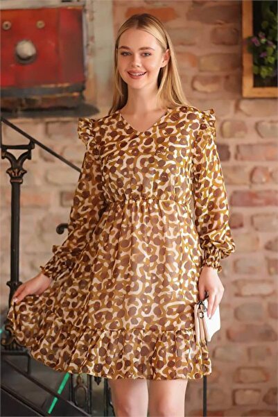 Dipmoda Women's Brown V-Neck Shoulder Detail Mini Chiffon Dress Dprssn22