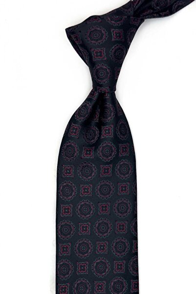 Kravatkolik Black Motif Pattern Classic Tie with Handkerchief Kk13578