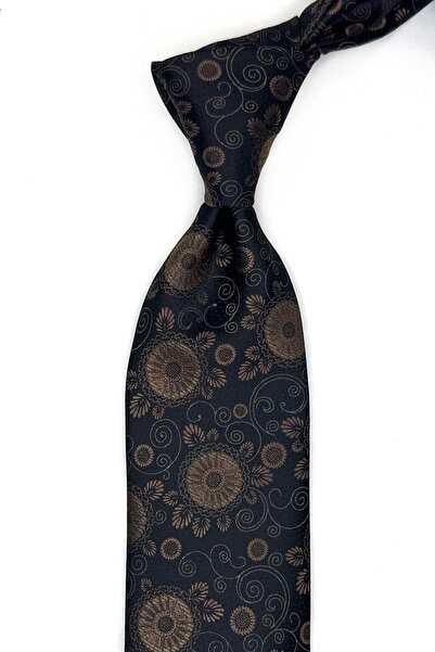 Kravatkolik Black Motif Pattern Classic Tie with Handkerchief Kk13590