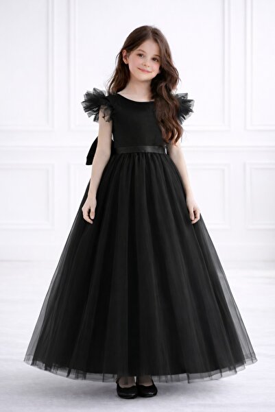 MadyaButik Rochie de seară neagră de prințesă pentru fete – mâneci cu volane,...