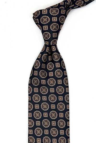 Kravatkolik Black - Beige Motif Pattern Classic Tie with Handkerchief Kk13536