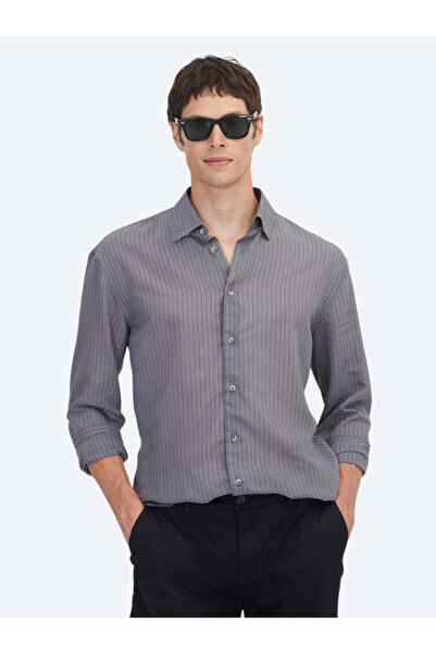 Kip Anthracite Striped Oversized Fit Woven Casual Shirt