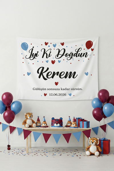 Vagonik Kişiye Özel Taraftar Temalı Temalı Bordo-Mavi Doğum Günü Happy Birthd...