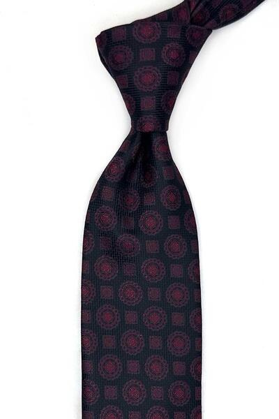 Kravatkolik Black Motif Pattern Classic Tie with Handkerchief Kk13534