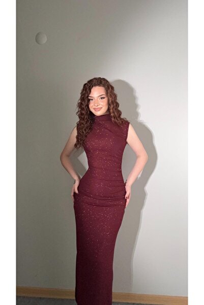 AYŞENUR DİNÇER Simli Drapeli Sıfır Kol Elbise Bordo