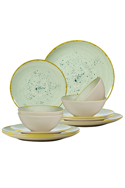 Cesiro Set of 12 Plates for 4 Persons, Pistachio, Ivory/Turquoise
