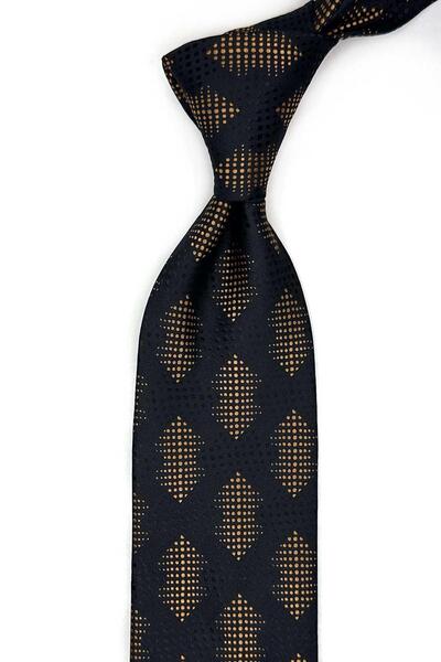 Kravatkolik Black - Yellow Motif Pattern Classic Tie with Handkerchief Kk13418